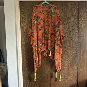 Amanda Blue Kimono with floral and bird print.  Cute green tassel detail.